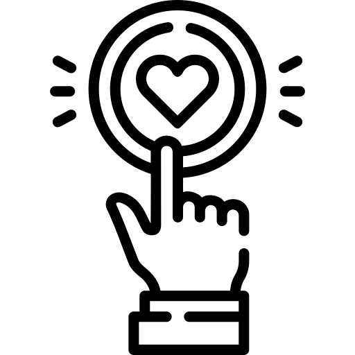 Icon of a hand pointing to a heart symbol with a magnifying glass, on a white background.