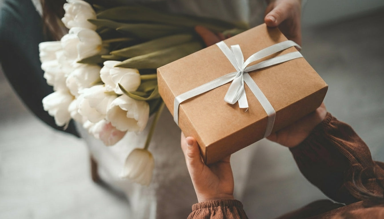 Person holding a brown gift box with a white ribbon, next to a bouquet of white tulips.